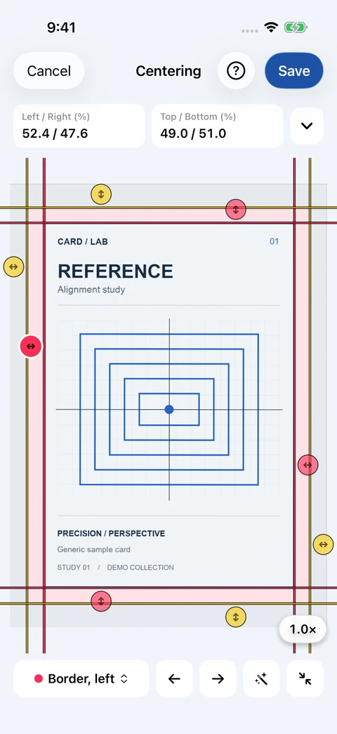 CardGrader centering screen with adjustable border guides, 52.4/47.6 left/right and 49.0/51.0 top/bottom ratios.