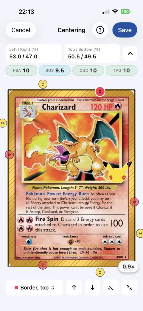 CardGrader measuring a photographed Charizard card with red border guides, 53.0/47.0 left/right and 50.5/49.5 top/bottom ratios.
