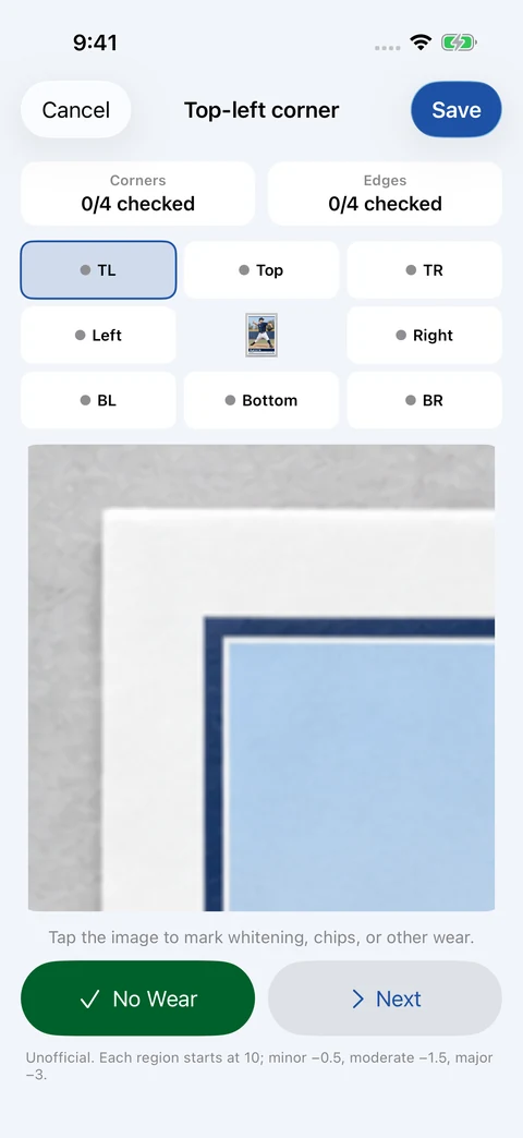 CardGrader top-left corner inspection with a magnified demo card, region selector, and No Wear and Next controls.