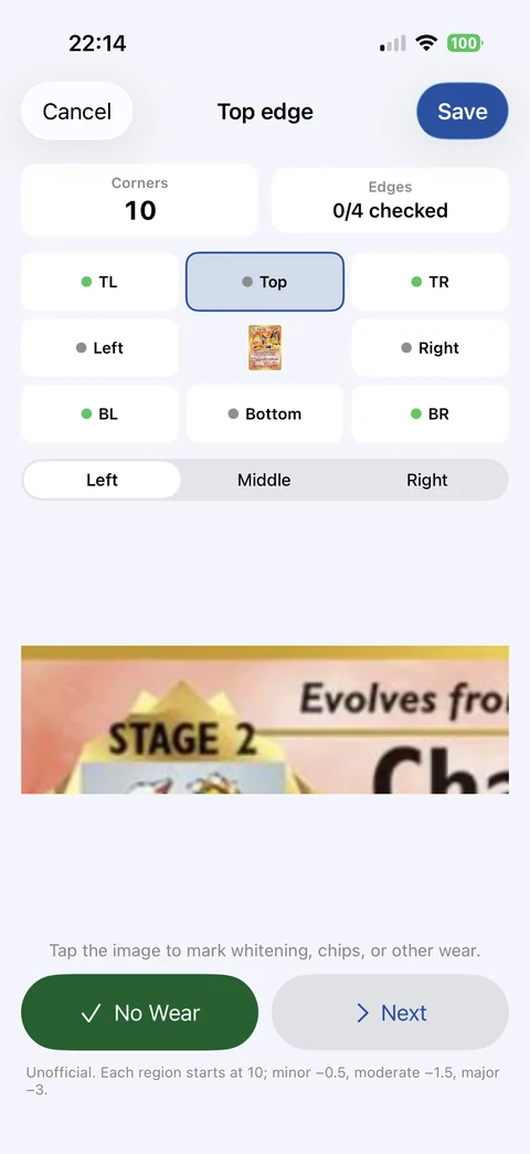 CardGrader top-edge inspection of a photographed Charizard card with a magnified region, No Wear and Next controls.