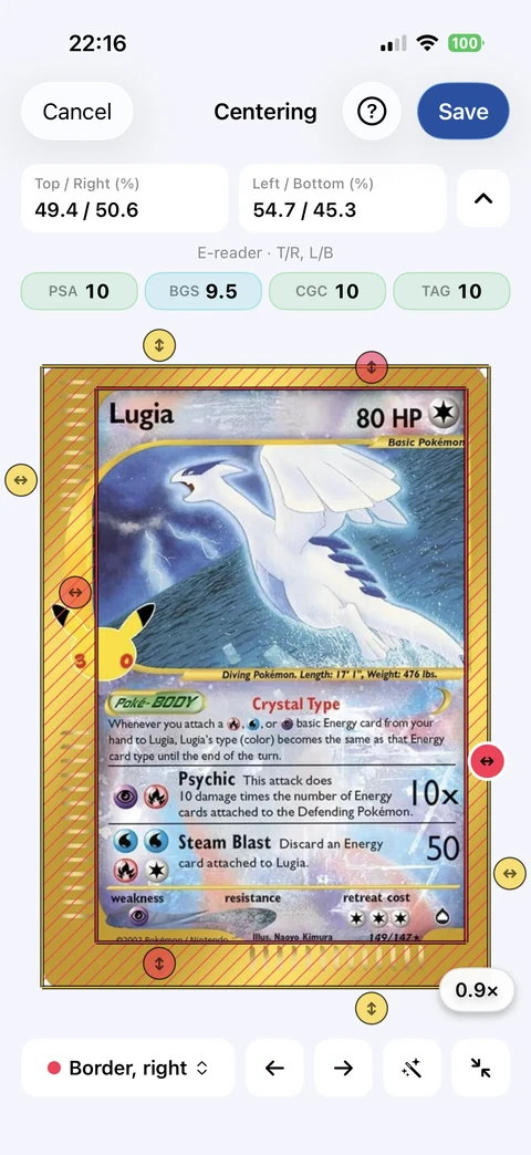 CardGrader e-reader layout measurement of a photographed Lugia card with paired top/right and left/bottom ratios and adjustable red guides.