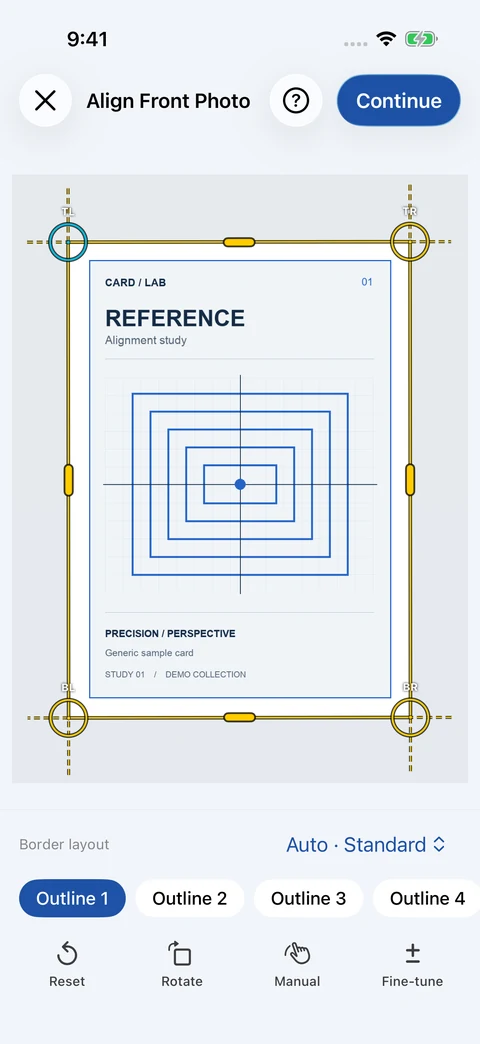 CardGrader Align Front Photo screen with four adjustable outer-corner handles around a geometric reference card.
