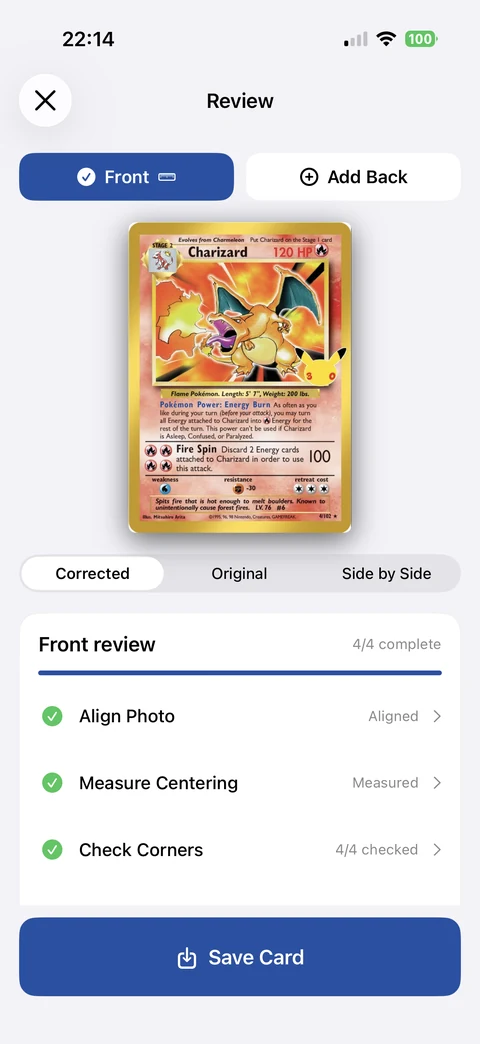 CardGrader Review screen with a photographed Charizard card, optional Add Back, corrected and original views, completed review checklist and Save Card.
