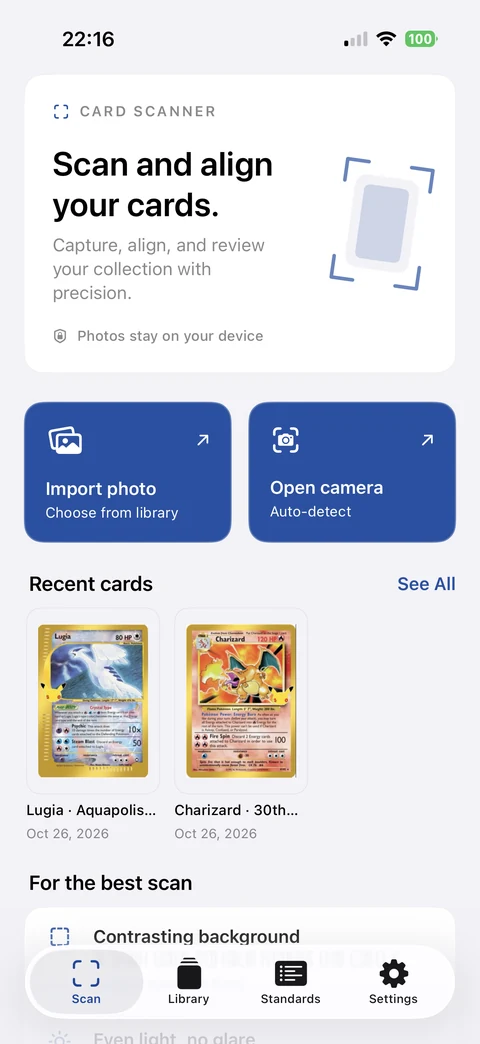 CardGrader Scan screen with Import photo, Open camera and recent photographed Lugia and Charizard cards.
